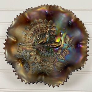 Vintage Northwood Carnival Glass Amethyst Peacocks On The Fence 9" Ruffled Bowl